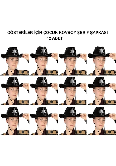 Kovboy Şerif Şapkası Siyah 12 Adet - Kostüm, Parti Ve Gösteri Şapkası +0