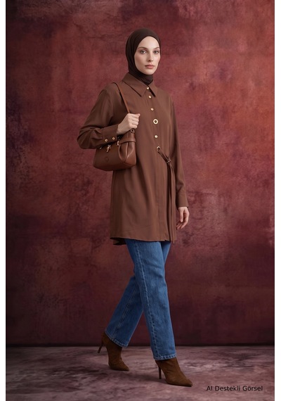 Armine Trend Gömlek Yaka Kuşgözü Detaylı Kuşaklı Tunik 91 Cm Boy Camel 26kt431