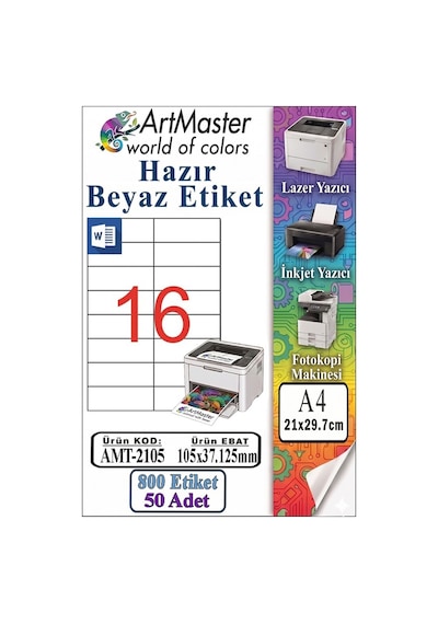 A4 Hazır Beyaz Etiket 105x37.125mm 50 Sayfa 1 Paket 16 Lı Kendinden Yapışkanlı Fotokopi Lazer İnkjet Kağıdı Yazıcılar