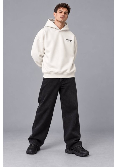 Genel Markalar Unisex Oversize Pikeli Double Face Kapüşonlu Sweatshirt Ekru