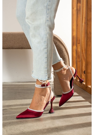 Duxal Shoes Bordo Saten Bilekten Bağlamalı Topuklu Kadın Ayakkabı Bordo