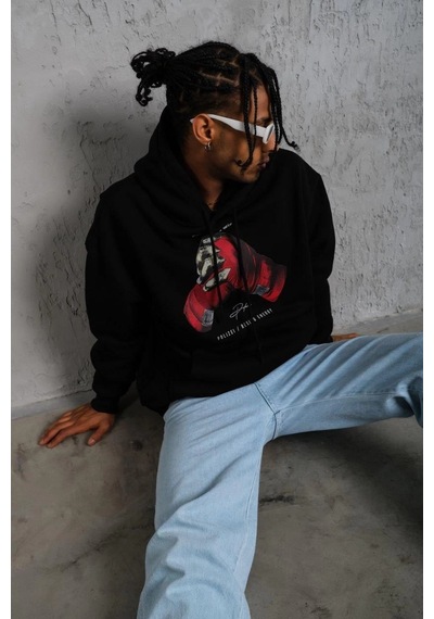 Barlashive Erkek Kapüşonlu Cepli Box Eldiven Baskılı 3 İplik Sweatshirt Hoodie - Siyah Çok Renkli