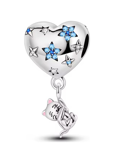 Kedi Sallantılı Kalp Balon Charm Gümüş