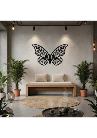 Çiçek Desenli Kelebek Metal Duvar Dekoru