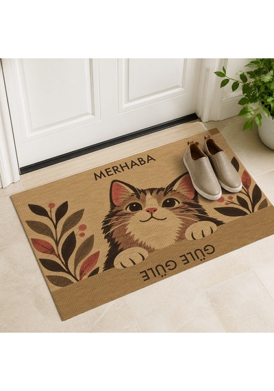 Kartela Halı Merhaba Güle Güle Kedili Kapı Paspası Koko Kaymaz Kauçuk Taban Yıkanabilir 40x60 Cm