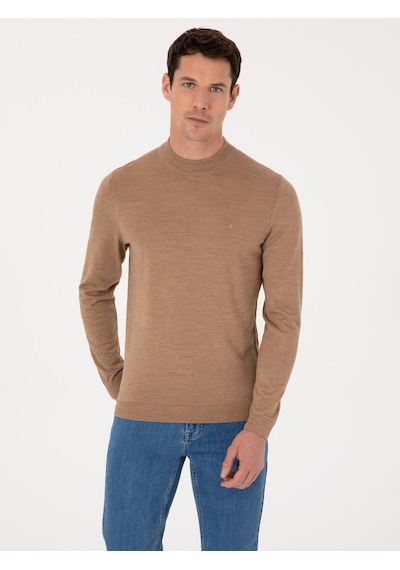 Cacharel Camel Slim Fit Yün Karışımlı Çeyrek Balıkçı Yaka Basic Triko Kazak Kahverengi