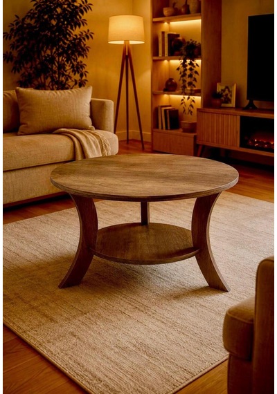 Orta Sehpa Ceviz 75 Cm Çap - Mdf Ayak 46 Cm Yükseklik Modern Orta Sehpa Ceviz