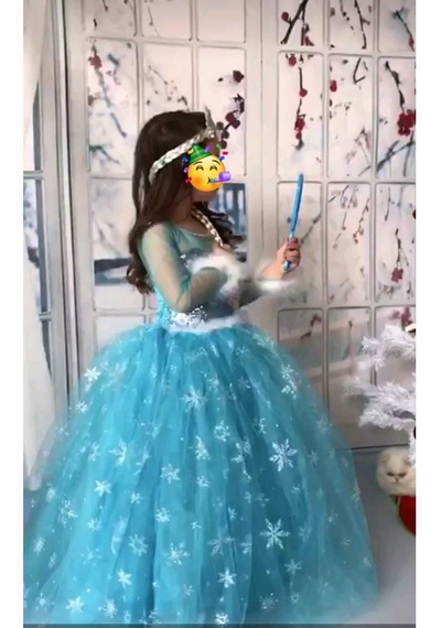 Parti Selesi Kız Çocuk Mavi Uzun Kol Simli Tarlatanlı Full Set Elsa Kostümü Mavı