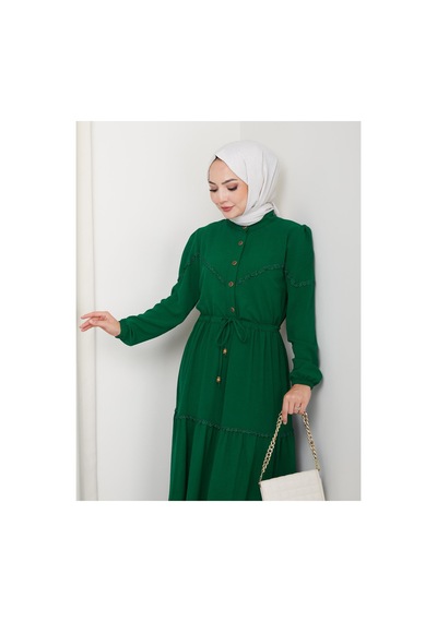 Hb Harma Time Butik Kadın Dantel Detaylı Bel Bağcıklı Yeşil Ayrobin Elbise Yeşil Yeşil