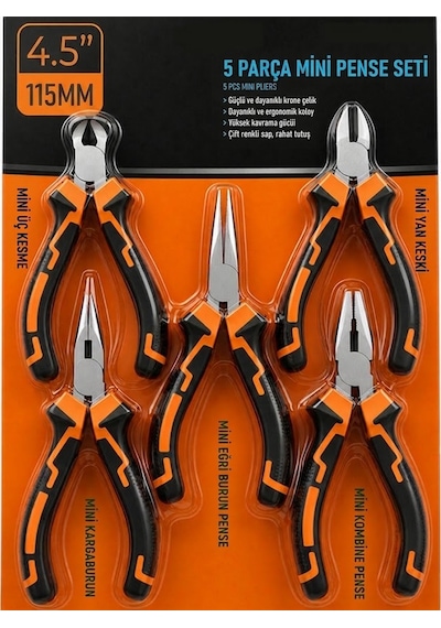 5 Parça Mini Pense Seti 4,5 İnc 11,43 Cm Pratik Pense Kargaburun Yankeski Kablo Kesme Set Profesyonel Set