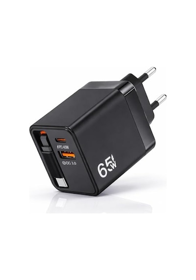 Ayrex 65w Süper Hızlı Şarj Adaptörü Pd 45w + Qc 3.0 Çekilebilir Kablolu
