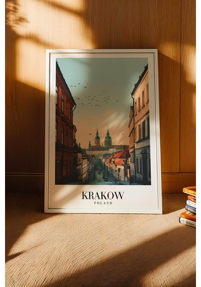Krakow Poland Vintage Seyahat Posteri Çerçeveli Tablo - Premium Tarihi Şehir Elit Duvar Dekoru Beyaz
