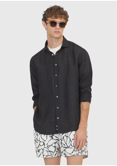 Ramsey Siyah Casual Fit Uzun Dokuma Casual %100 Keten Gömlek
