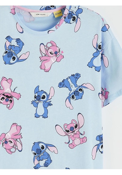 Lc Waikiki Mavi Bisiklet Yaka Stitch Ve Angel Baskılı Kadın Gecelik