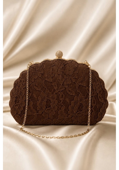 Famels Dantelli Çanta, İstiridye Çanta /fransız Dantelli Çanta , Şık Ve Kaliteli Abiye Çanta Kahverengi