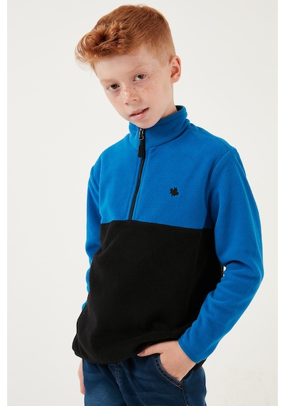 Lela Yumuşak Dokulu Yarım Fermuarlı Renk Bloklu Dik Yaka Unisex Çocuk Polar 5905004 Saks-Siyah