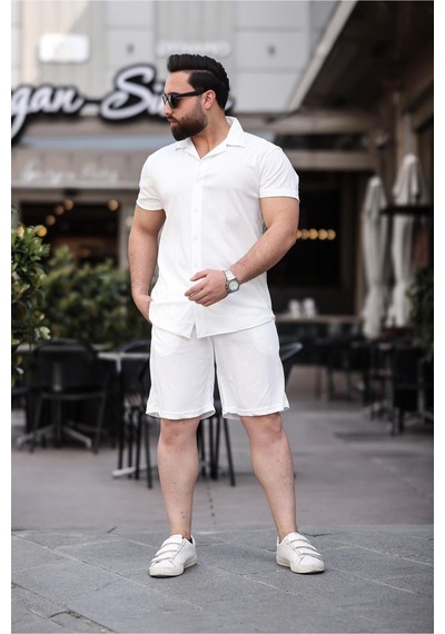 Mfz Giyim Beyaz Renk Ottoman Kumaş Slim Fit Erkek Şort - Gömlek Alt Üst Takım