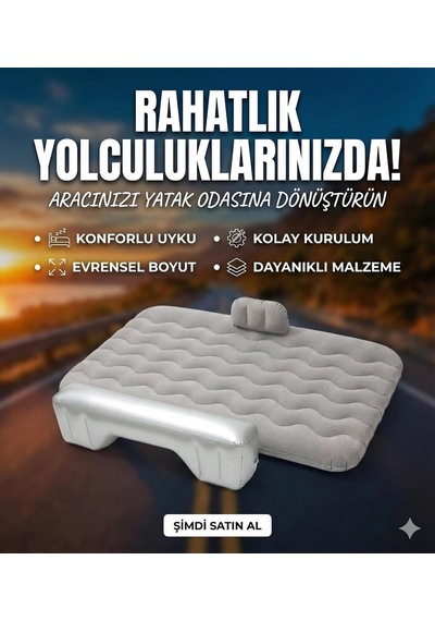 Araç İçi Şişme Yatak - Soğuk Geçirmez Kamp Matı + 2 Yastık+ Pompa 135x88 Cm, Gri Diğer
