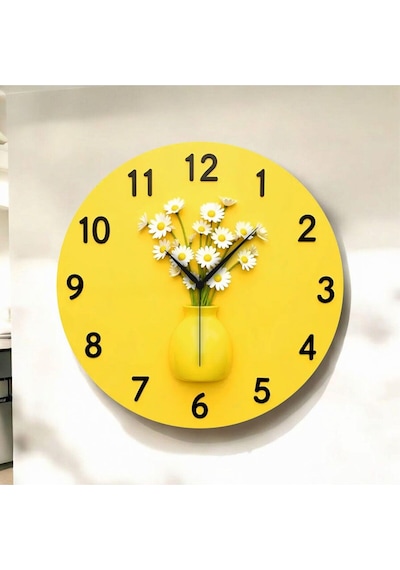 AA Shop 2d Kabartma Görünümlü Sarı Saksı Çiçek Renkli Baskı Sayılı Hediyelik Ahşap Sessiz Duvar Saati 50cm ÇOk Renkli