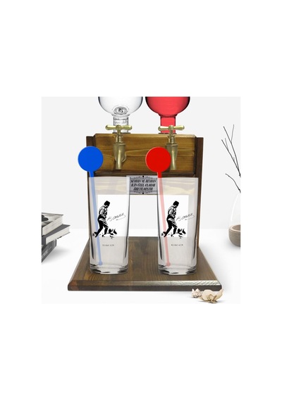 Kişiye Özel Renkli Baskılı Atatürk Temalı İkili Vodka Bardağı Ve Çift Musluklu Doğal Ahşap Vodka Standı-16