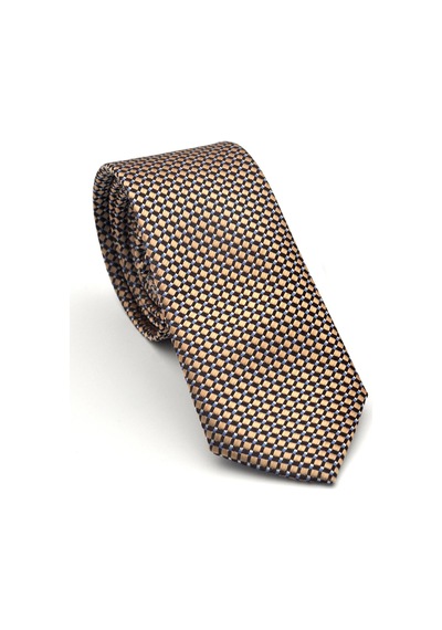 Gaffy Beyaz Küçük Kare Desenli Bej Dokuma Kumaş Mendilli Slim Fit Kravat // Sdk-2511-7 Bej
