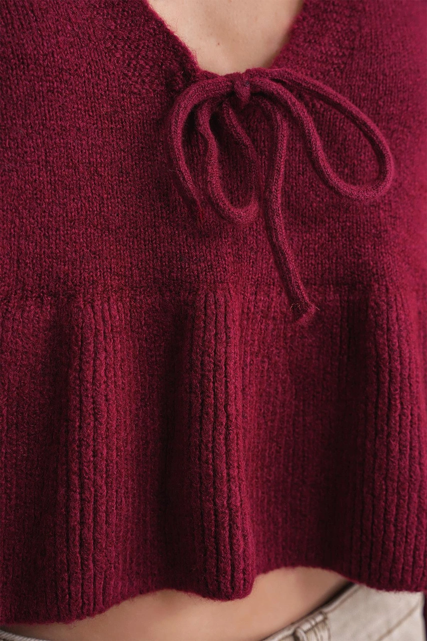 Mixray 6955 Kadın Fırfırlı Triko Kazak Bordo Bordo