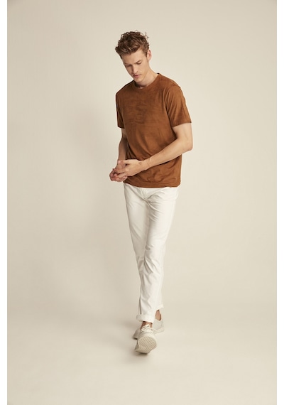 Grimelange ENZO Kahverengi Suet Erkek Basic Slim Fit T-shirt