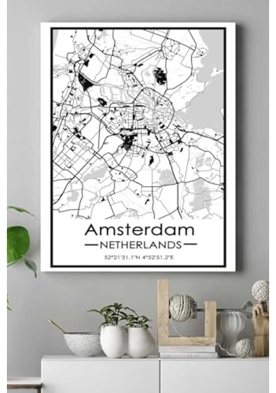 Pster18601 Hollanda Amsterdam Harita Dekoratif Tasarım Kanvas Tablo 30 X 40