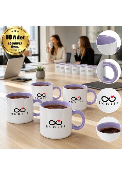Logonuza Özel 10 Adet Porselen Lila Motto Fincan - 150 Ml Kurumsal Kahve Kupası Mor