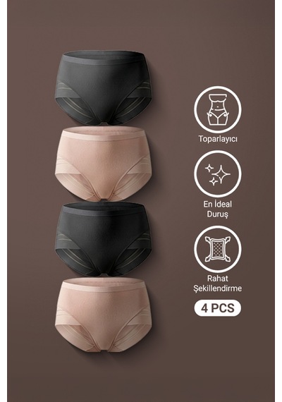 Auw Kadın Mikro Tüllü Toparlayıcı Slip Külot 4'lü - Easyshape Pudra,siyah