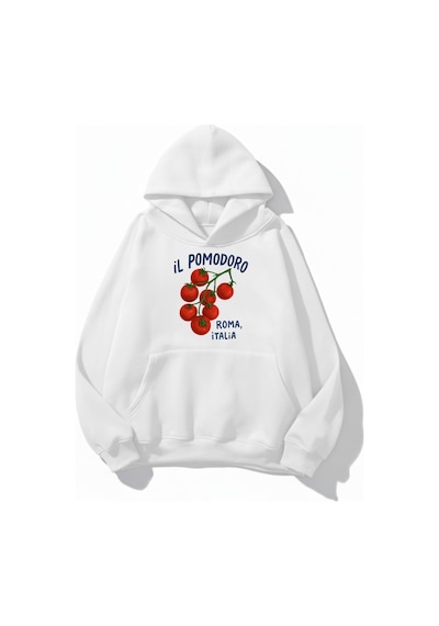 Uyguntarz Unisex Yumuşak Dokulu İl Pomodoro Roma Italia Baskılı Tasarım Oversize 3 İplik Hoodie Sweatshirt beyaz