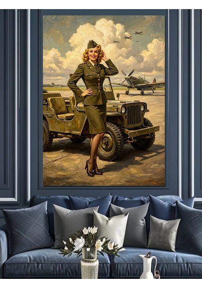 Askeri Üniformalı Pin-up Kadın Jeep Yanında Dekoratif Kanvas - Mdf Ahşap Tablo Çok Renkli
