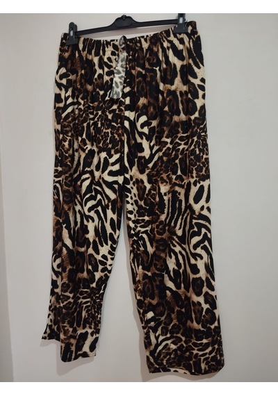 Anne Moda Ankara Kışlık Büyük Beden İnce 2 Cepli Beli Lastikli Yüksek Bel Süet Pantolon Siyah-leopar