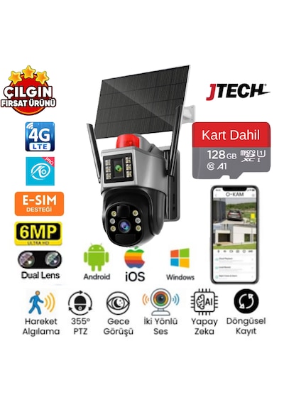 O-kam 7015 3mp+3mp 6mp 4g E-sim Kartlı Solar Panelli 2 Lens Alert Ptz + 128gb Sd Kart Dahil