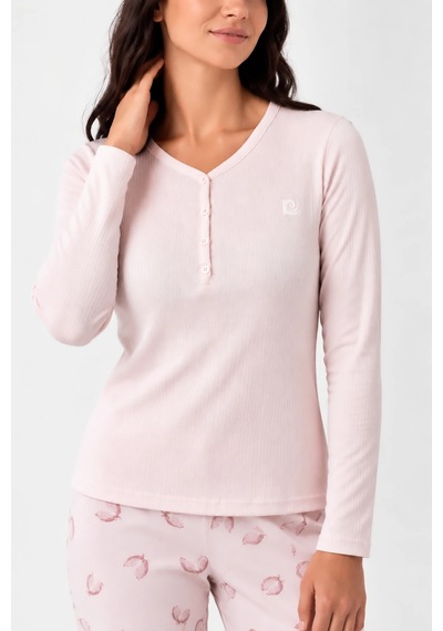 Pierre Cardin V Yaka Düğmeli Modal Kadın Pijama Takımı Toz Pembe