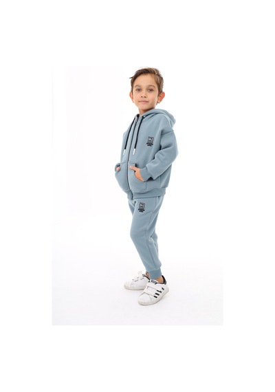 Toontoy Kids Toontoy Erkek Çocuk 2'li Takım Baskılı Kapüşonlu Fermuarlı Cepli Sweatshirt & Beli Paçası Lastikli Jogger Eşofman Altı - 3 İplik Şardonlu Mint