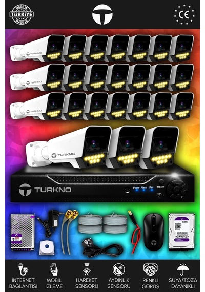 Turkno 24 Kameralı Supia 24 Dış Kamera Set 500 GB 5 MP 2K Net Renkli Gece Görüşlü Güvenlik Kamerası Sistemi