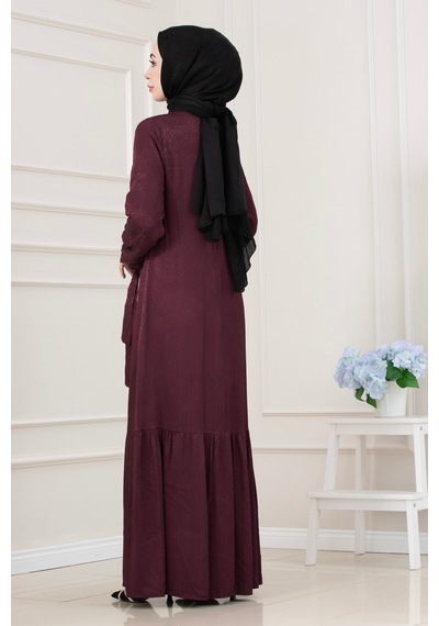 Jakar Desenli Düğmeli Abiye Elbise-bordo-5705