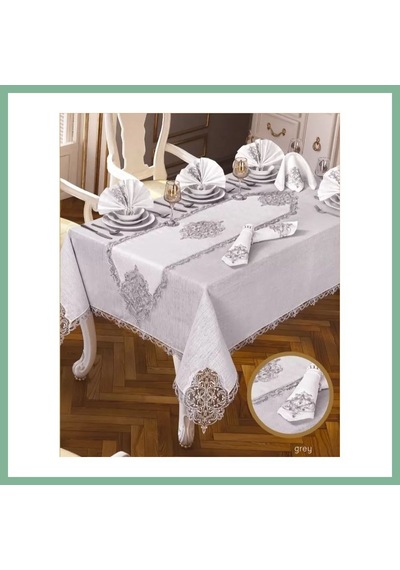 Bşkvirgo Elegant Linen Krem-gümüş 26 Parça 12 Kişilik 160 260 Cm Masa Takımı Bsk2026