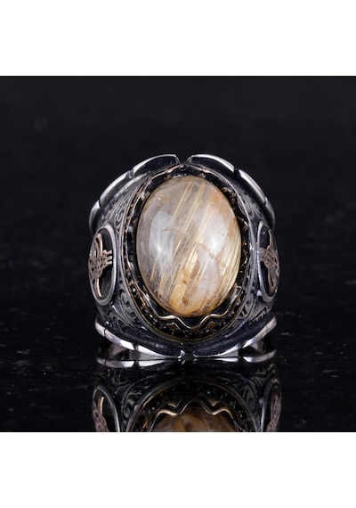Cabochon Doğal Altın Rutilat Kuvars Taş Yüzük, Mistik 925 Ayar Saf Gümüş Erkek Yüzüğü, Osmanlı Tuğra Yüzüğü Gümüş