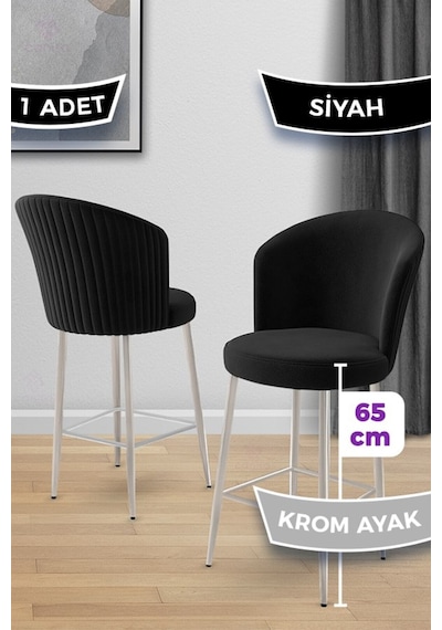 Canisa Alte Serisi 1 Adet Babyface Kumaş 65 Cm Krom Kaplama Ayaklı Siyah Bar Sandalyesi Siyah Sandalye Krom Kaplama Ayak