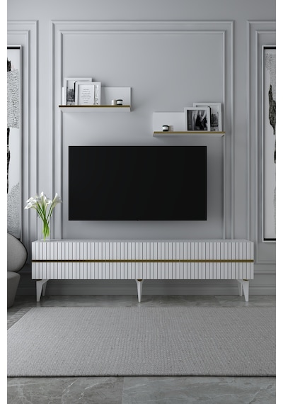180dhdtrü5ba Tedy Lazer Pleksi Desenli Raflı Tv Sehpası Ünitesi Beyaz-altın