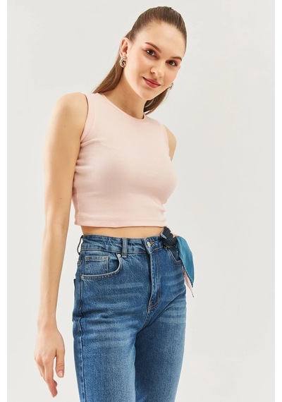 Butikgiz Kadın Sıfır Kol Bisiklet Yaka Vücuda Oturan %100 Pamuklu Kaşkorse Esnek Crop Bluz Pudra