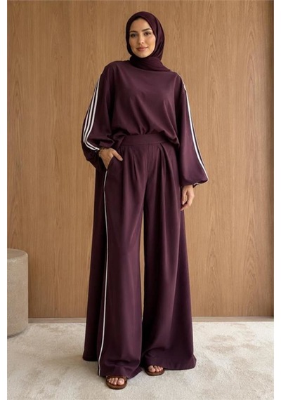 Neşeli Butik Kadın Bordo Şerit Detaylı Oversize Tunik Pantolon İkili Tesettür Takım Nms102