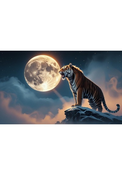 Kaplan Sisli Bir Dağda Aya Kükrüyor 02 Çerçevesiz 50x30 Cm Pvc Tablo