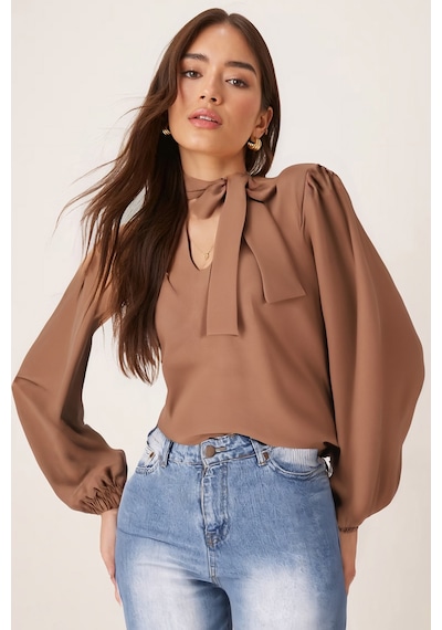 Armonika Kadın Camel Yakası Bağlamalı Kolu Lastikli Bluz Arm-25k001096 Armonika Kadın Camel Yakası Bağlamalı Kolu Lastikli Bluz Arm-25k001096