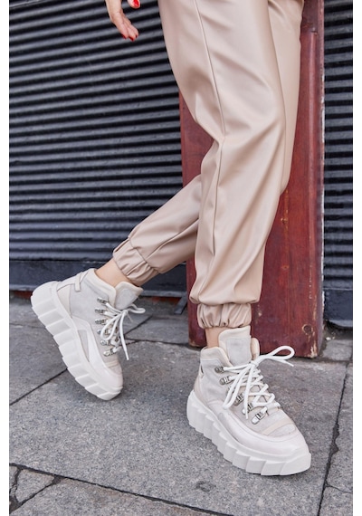 Candy Bej Hakiki Deri Kadın Sneaker Bot-Bej