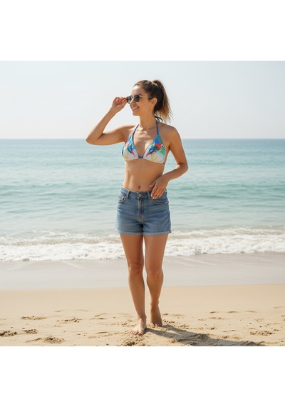 Bonbon Kadın Plaj Giyim Mavi Renk Baskılı Bikini Üst Bb2722