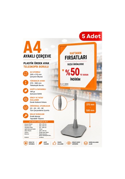 5 Adet - A4 Ayaklı Fiyat Etiketlik Teleskopik Borulu Çerçeve Etiketlik Yönlendirme Levhası Menü Panosu Turuncu