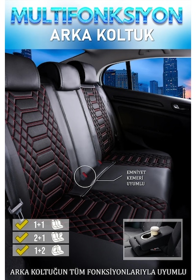 Fiat Tipo Uyumlu Lüks Deri Oto Koltuk Kılıfı Ön Arka Takım Set Siyah Kırmızı Royal Model Fs
